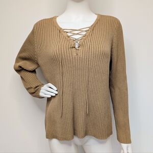 Vintage 90s Lace Up Neckline Carmel Warm Tan Ribbed Knit Sweater